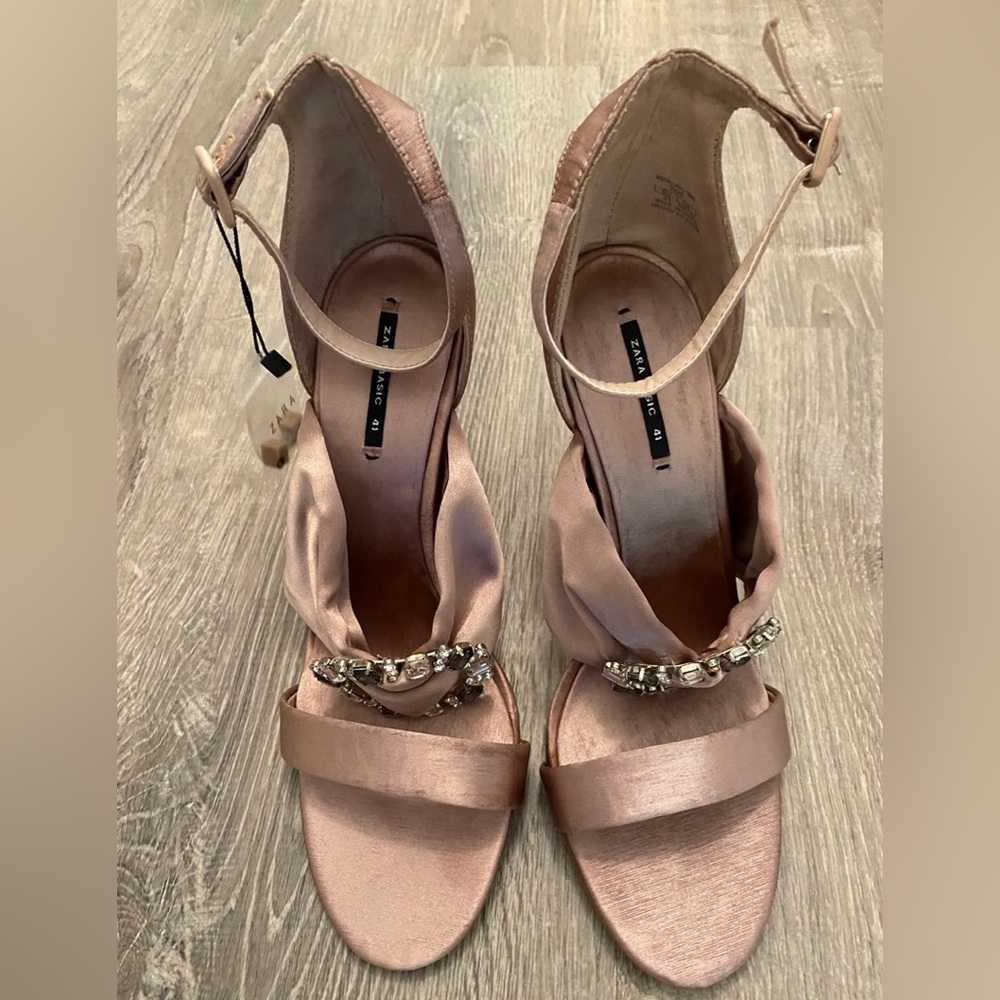 Zara Chunky Crystal Embellished Satin Heels Sandals Size 41 - Picture 5 of 14